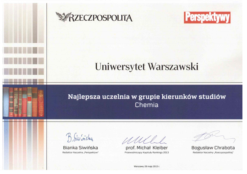 Dyplom miesięcznika Perspektywy dla Wydziału Chemii Uniwersytetu Warszawskiego 2013
