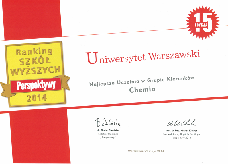 Dyplom miesięcznika Perspektywy dla Wydziału Chemii Uniwersytetu Warszawskiego 2014