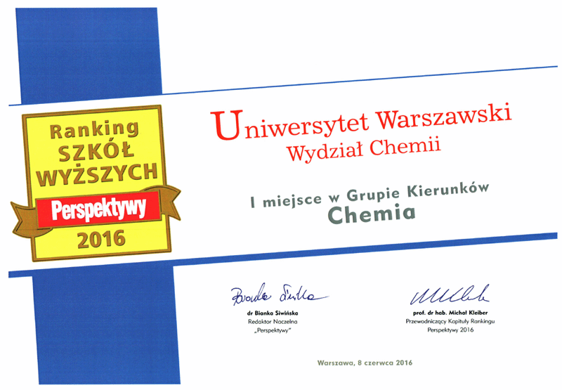 Dyplom miesięcznika Perspektywy dla Wydziału Chemii Uniwersytetu Warszawskiego 2016